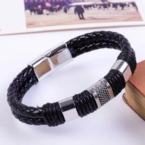 New Braided Black Leather Silver Magnetic Bracelet